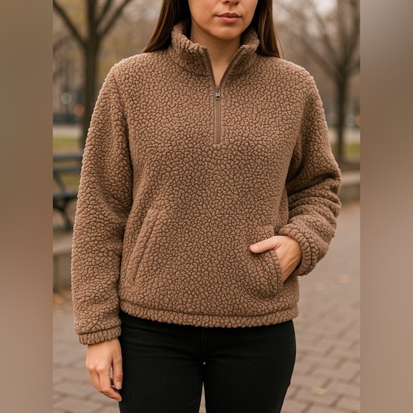 Sage Collective Jackets & Blazers - SAGE Collective Small Taupe Sherpa Teddy Fleece Quarter Zip Pullover Sweatshirt